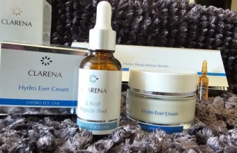 Test kosmetyków Clarena z linii Hydro Ecc Line (krem,serum) i Dermatology Line (peeling peptydowy).